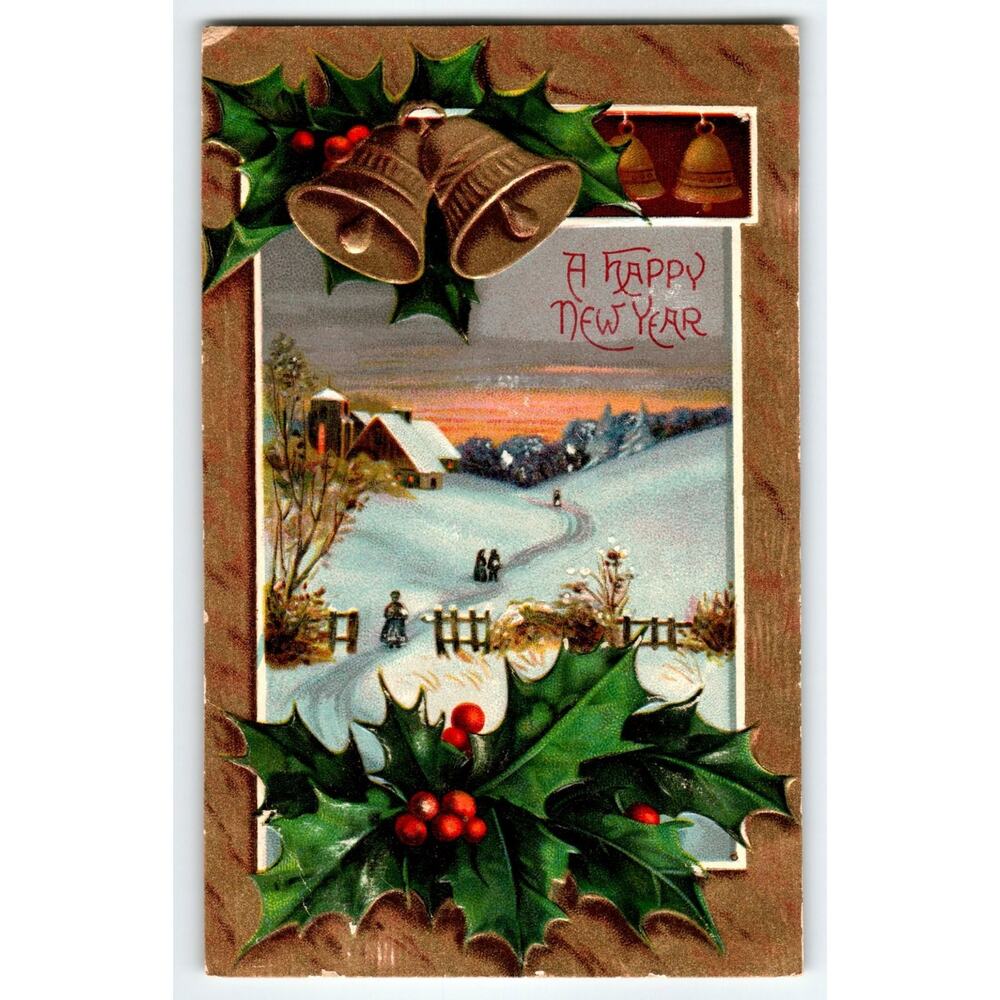Vintage 1907-1915 New Year Lithograph Postcard Snowy Scene Holly Bells